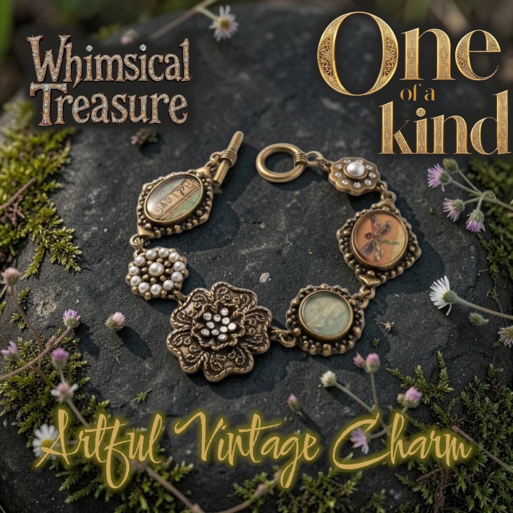 Vintage Boho Charm Bracelet – Faerie Garden Style, Mixed Charms, Toggle Closure